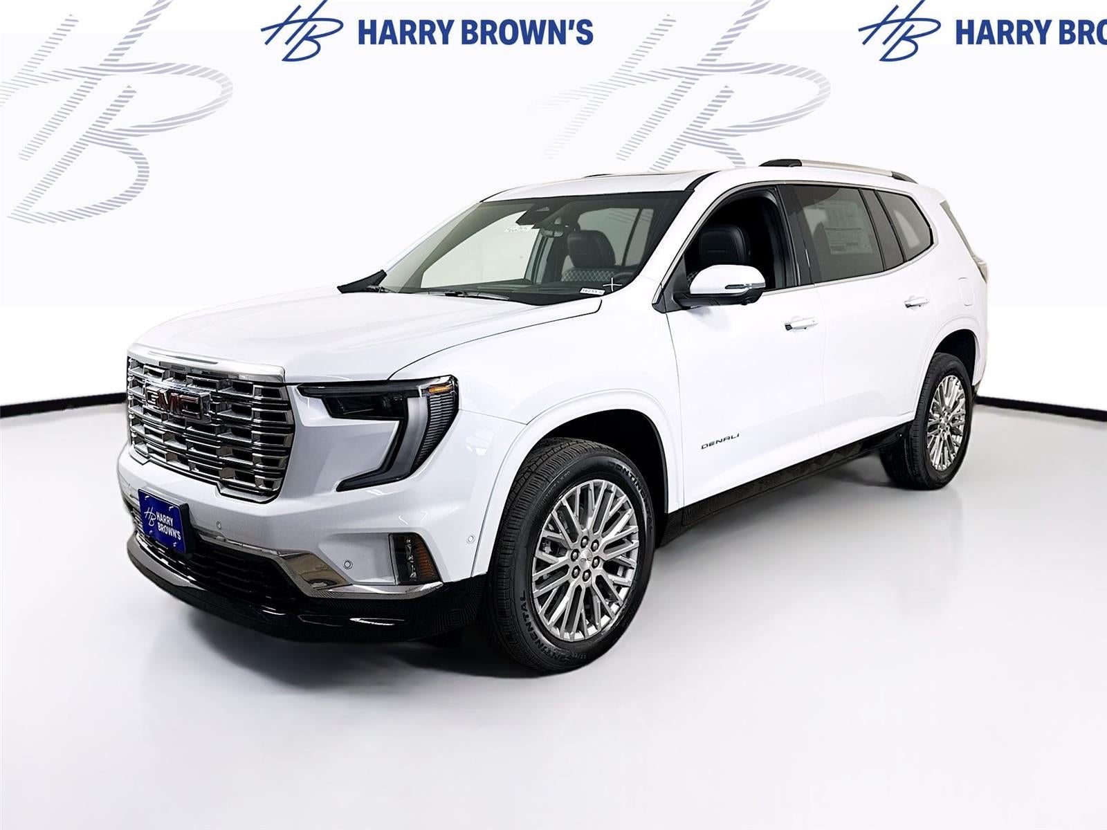 2026 GMC Acadia Denali in Glacier White Tricoat — front three-quarter view