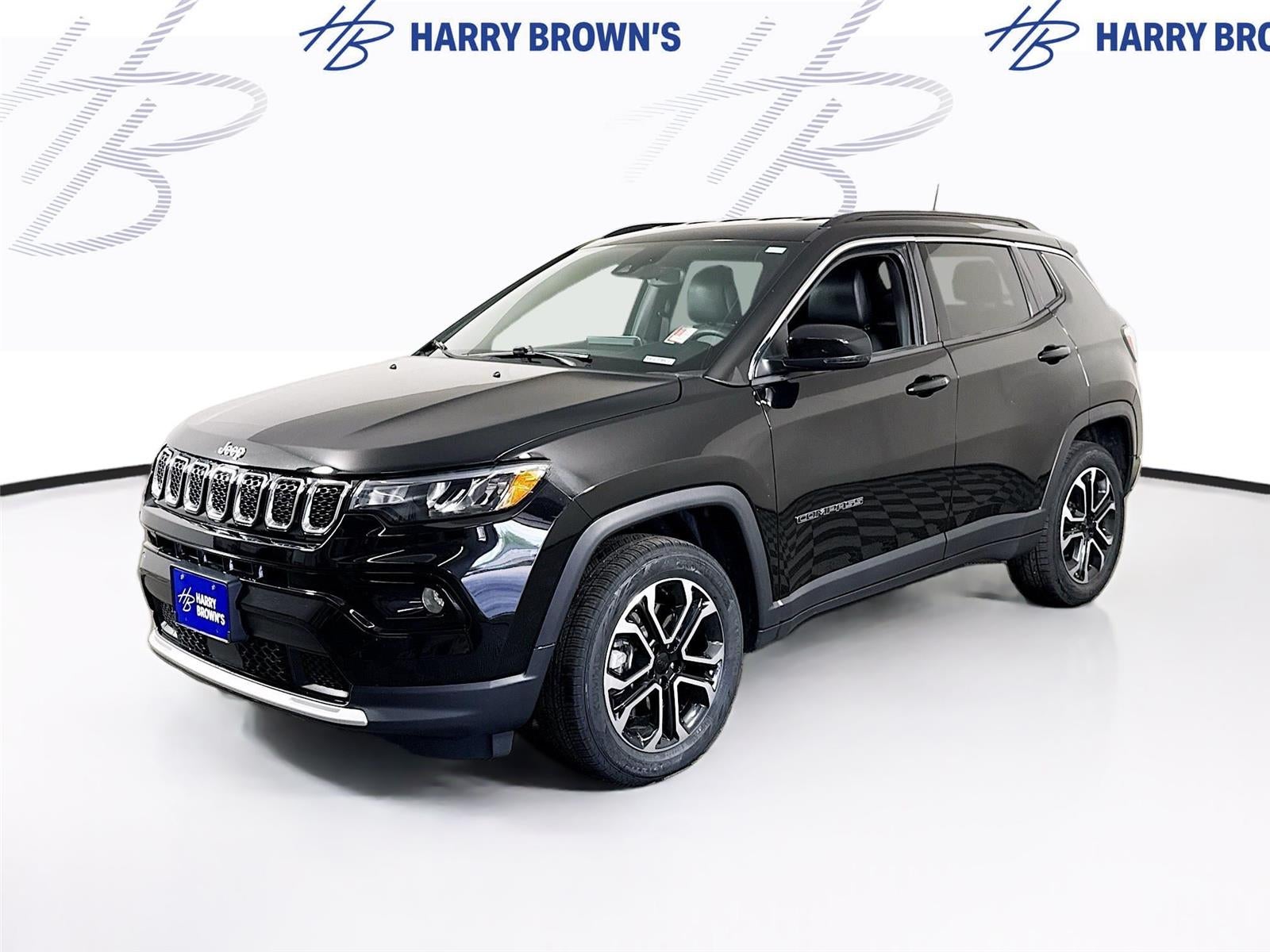 2023 Jeep Compass Limited in Diamond Black Crystal Pea — front three-quarter view