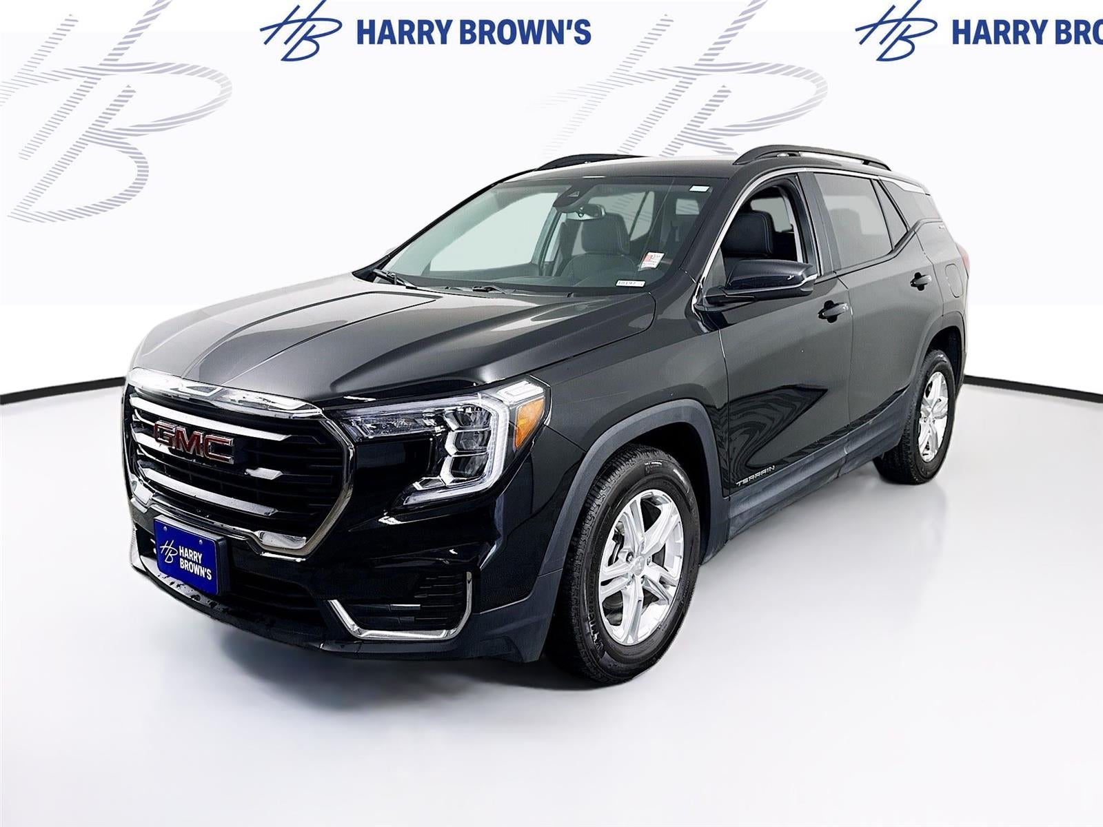 2023 GMC Terrain SLE in Ebony Twilight Metallic — front three-quarter view